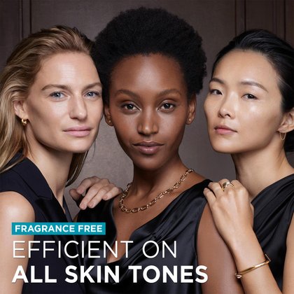 Portrait of three women with different skin tones looking confidently into the camera. Text in the bottom left corner reads: "FRAGRANCE-FREE. EFFICIENT ON ALL SKIN TONES."