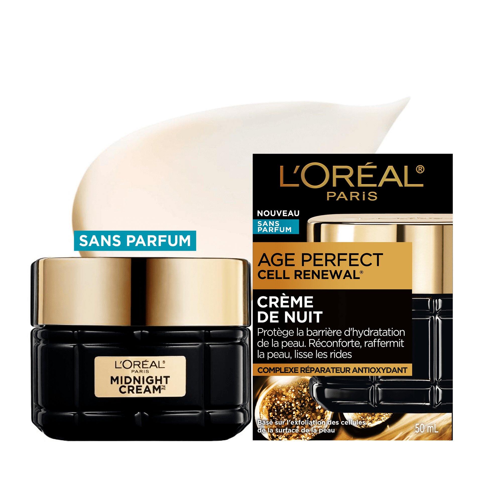Photo de produit en studio présentant le luxueux pot en verre noir de la Crème de Nuit Midnight Sans Parfum de L'Oréal Paris avec son couvercle doré, présenté aux côtés de son emballage carton d'origine.