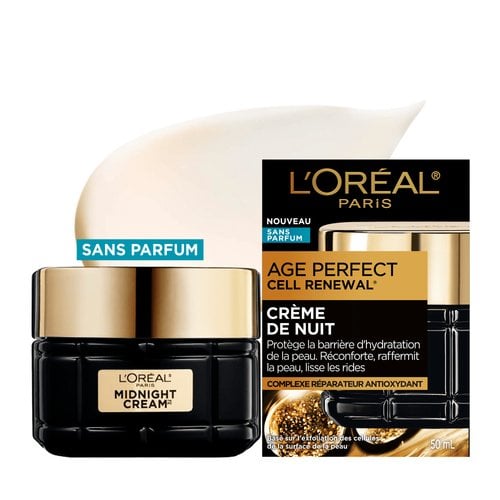Photo de produit en studio présentant le luxueux pot en verre noir de la Crème de Nuit Midnight Sans Parfum de L'Oréal Paris avec son couvercle doré, présenté aux côtés de son emballage carton d'origine.