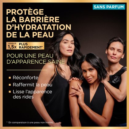 Portrait de trois femmes d'âges et de types de peaux différents, souriant et affichant une peau ferme et éclatante de santé. Le texte indique : « RÉPARER LA BARRIÈRE CUTANÉE jusqu'à 1,5x PLUS VITE POUR UNE PEAU ÉCLATANTE DE SANTÉ » avec les puces « Réconforte », « Raffermit » et « Lisse l'apparence des rides ». Une étiquette « SANS PARFUM » est visible dans l'angle.