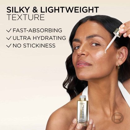 Close-up of a smiling brunette model applying the serum to her cheek with the dropper. Text reads: "SILKY & LIGHTWEIGHT TEXTURE. FAST-ABSORBING. ULTRA HYDRATING. NO STICKINESS."