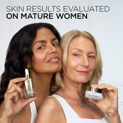 Portrait of two smiling mature women of different skin tones and hair colors showing firm, healthy skin. Text reads: "SKIN RESULTS EVALUATED ON MATURE WOMEN."
