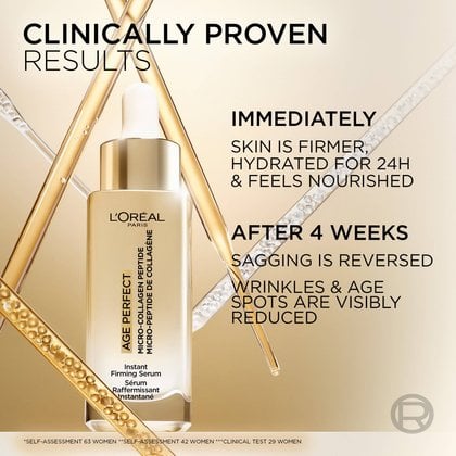 Gold-themed tile displaying the serum bottle. Text reads: "CLINICALLY PROVEN RESULTS. IMMEDIATELY: SKIN IS FIRMER, HYDRATED FOR 24H & FEELS NOURISHED. AFTER 4 WEEKS: SAGGING IS REVERSED. WRINKLES & AGE SPOTS ARE VISIBLY REDUCED."