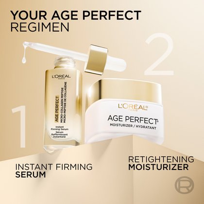Visual guide showing Step 1: L'Oréal Paris Age Perfect Collagen Expert Serum ("INSTANT FIRMING SERUM") and Step 2: Age Perfect Day Cream ("RE-TIGHTENING MOISTURIZER"). Text reads: "YOUR AGE PERFECT REGIMEN".