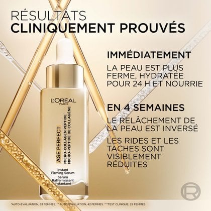 Visuel doré présentant le flacon de sérum. Le texte indique : « RÉSULTATS CLINIQUEMENT PROUVÉS. IMMÉDIATEMENT : LA PEAU EST PLUS FERME, HYDRATÉE PENDANT 24H ET PARAÎT NOURRIE. APRÈS 4 SEMAINES : LE RELÂCHEMENT EST INVERSÉ. LES RIDES ET LES TACHES DE VIEILLESSE SONT VISIBLEMENT RÉDUITES. »