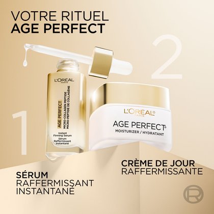 Guide visuel présentant la routine en deux étapes : Étape 1 - Sérum Anti-Relâchement Age Perfect Collagen Expert (« SÉRUM FERMETÉ IMMÉDIATE ») et Étape 2 - Soin Hydratant Age Perfect (« SOIN RE-TENDEUR »). Le texte indique : « VOTRE ROUTINE AGE PERFECT ».