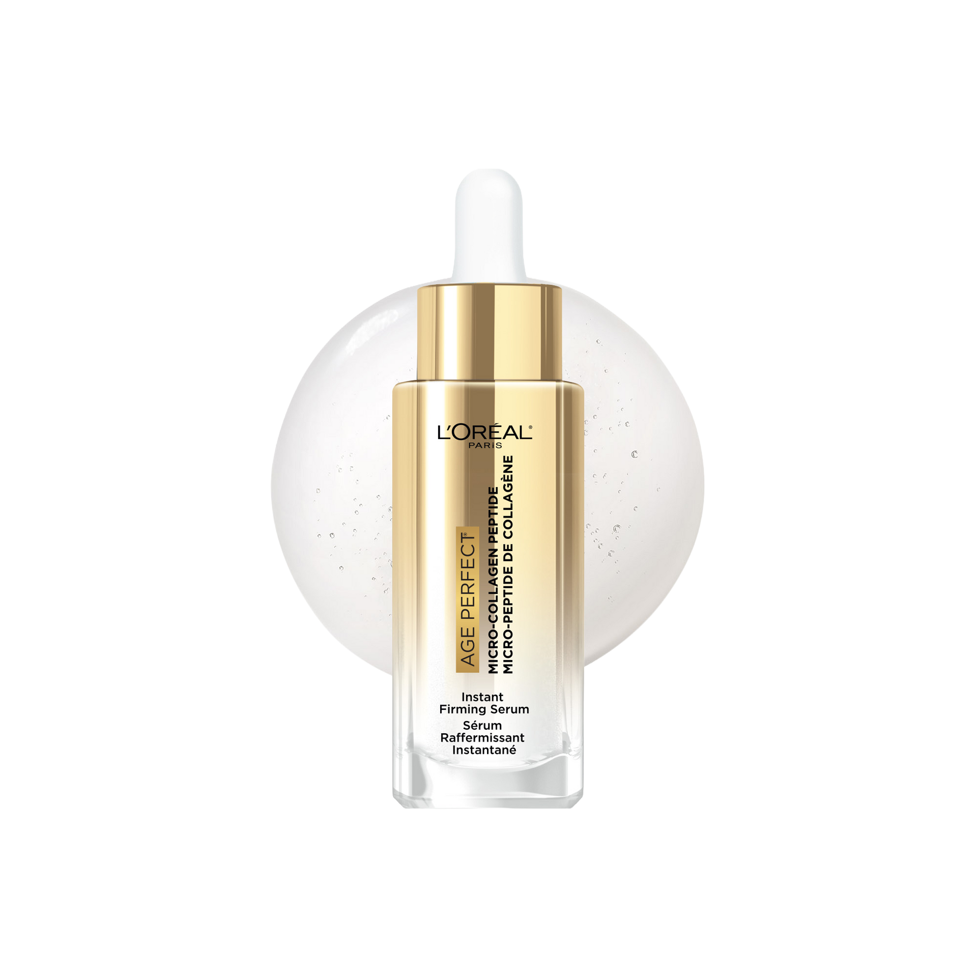 Studio product shot of the L'Oréal Paris Age Perfect Collagen Expert Serum gold and white bottle with dropper cap, centered in front of a transparent circular background.