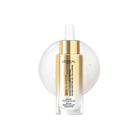 Studio product shot of the L'Oréal Paris Age Perfect Collagen Expert Serum gold and white bottle with dropper cap, centered in front of a transparent circular background.